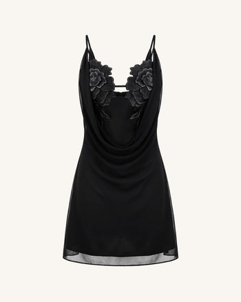 Flower Embroidered Cowl Neck Mini Dress - Black