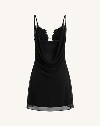 Flower Embroidered Cowl Neck Mini Dress - Black