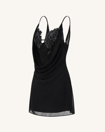 Flower Embroidered Cowl Neck Mini Dress - Black