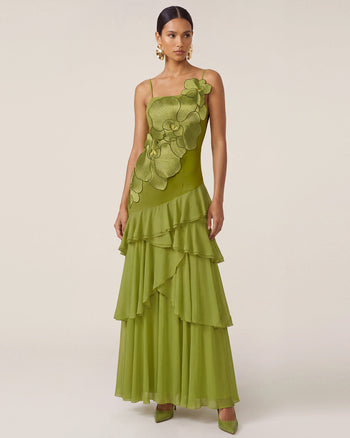 Orchid Embroidered Ruffled One-Shoulder Maxi Dress - Olive Green