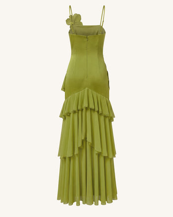 Orchid Embroidered Ruffled One-Shoulder Maxi Dress - Olive Green