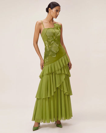 Orchid Embroidered Ruffled One-Shoulder Maxi Dress - Olive Green