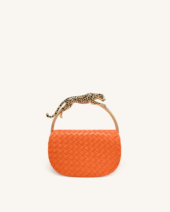 Ione Leopard Shaped Hardware Handle Woven Top Handle Bag - Orange