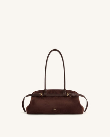 Arden Faux Suede Belt Detail East-West Shoulder Bag - Coffee Brown