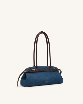 Arden Belt Detail East-West Shoulder Bag - Blue Denim