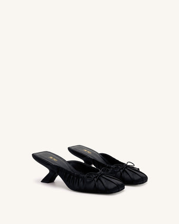 Solenne Satin Bow Ruched Mules - Black