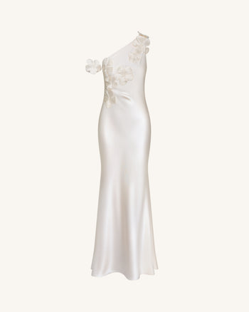 Floral Appliqué One Shoulder Sheath Maxi Dress - Ivory