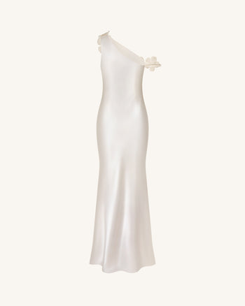 Floral Appliqué One Shoulder Sheath Maxi Dress - Ivory