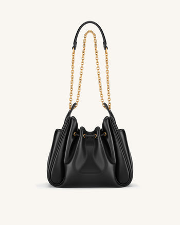 Rowan Ruched Drawstring Chain Bucket Bag - Black