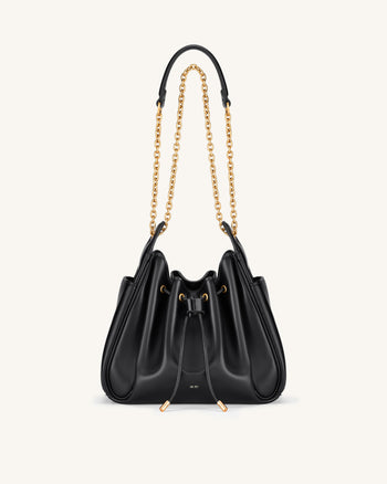 Rowan Ruched Drawstring Chain Bucket Bag - Black