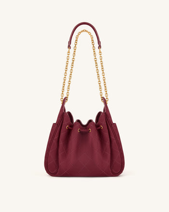 Rowan Faux Suede Quilted Chain Bucket Bag - Dark Red