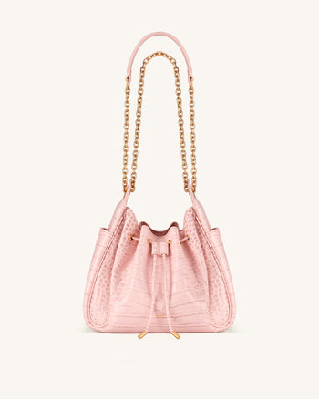 Rowan Ruched Drawstring Chain Bucket Bag - Pink Croc