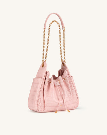 Rowan Ruched Drawstring Chain Bucket Bag - Pink Croc