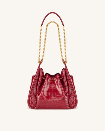 Rowan Ruched Drawstring Chain Bucket Bag - Dark Red Croc