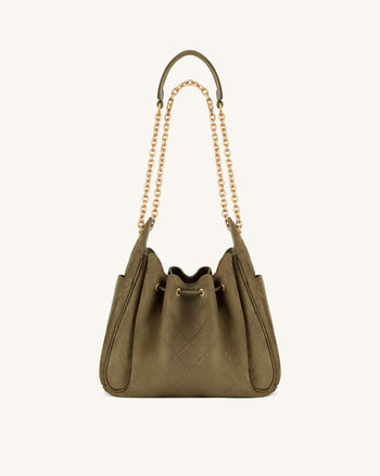 Rowan Faux Suede Quilted Chain Bucket Bag - Olive Green