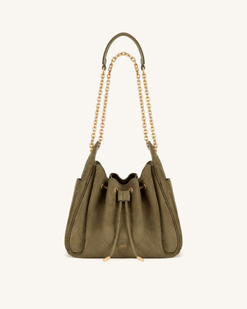 Rowan Faux Suede Quilted Chain Bucket Bag - Olive Green