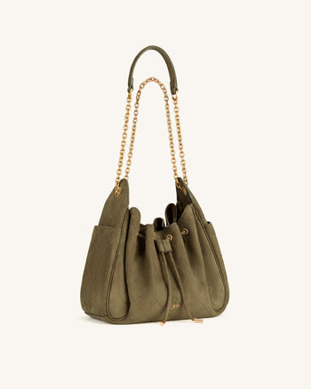 Rowan Faux Suede Quilted Chain Bucket Bag - Olive Green