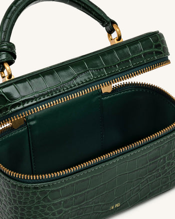Cleo Box Shape Top Handle Bag - Forest Green Croc
