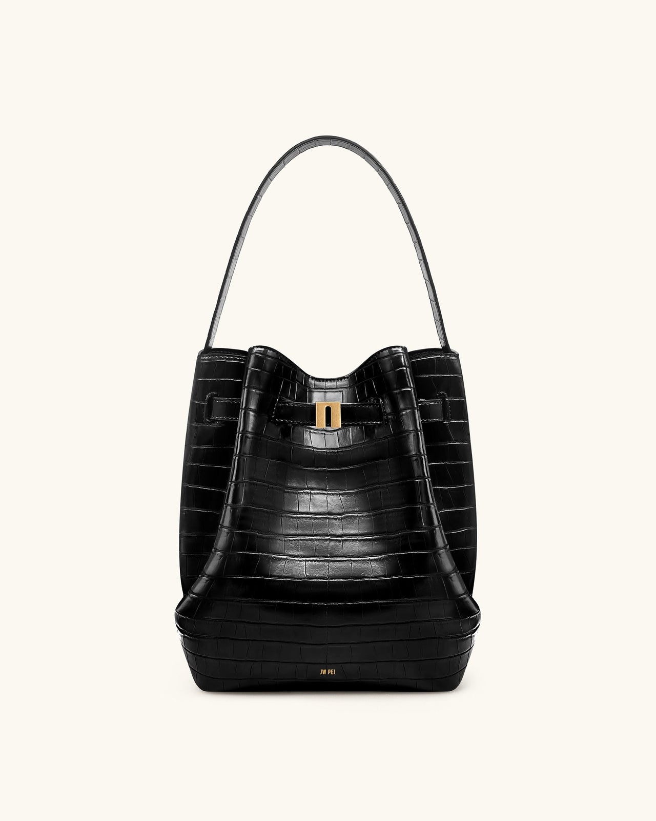 Clara Lock Accent Bucket Shoulder Bag - Black Croc
