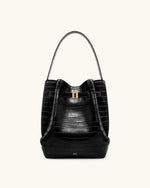 Clara Lock Accent Bucket Shoulder Bag - Black Croc