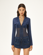 Faux Suede Corset Jacket Mini Dress - Dark Blue