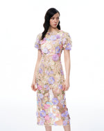 Alaric Round Neck 3D Floral Embroidered Maxi Dress - Pastel Multi