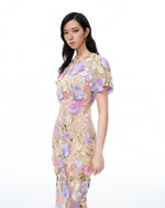 Alaric Round Neck 3D Floral Embroidered Maxi Dress - Pastel Multi