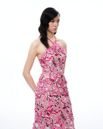 Fiora Halter Neck Floral Embroidered Maxi Dress - Rose Red
