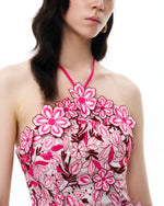 Fiora Halter Neck Floral Embroidered Maxi Dress - Rose Red