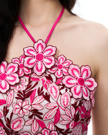 Fiora Halter Neck Floral Embroidered Maxi Dress - Rose Red