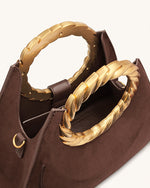 Amiya Leaf Handle Faux Suede Sculpture Bag - Mocha Brown