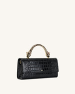 Maya Leopard-Shaped Hardware Handle Top Handle Bag - Black Croc