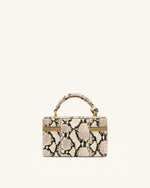 Cleo Snake-Embossed Box Shape Top Handle Bag - Beige