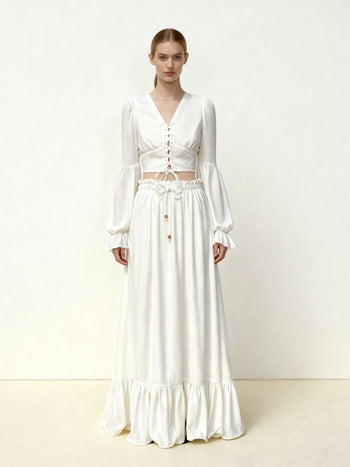 Chiffon Lantern-Sleeve Tie-Front Cropped Blouse - White