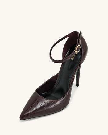 Leah Croc-Embossed Ankle Strap Heels - Burgundy