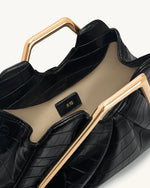 Lila Faux Croc-Effect Metal Frame Clutch - Black