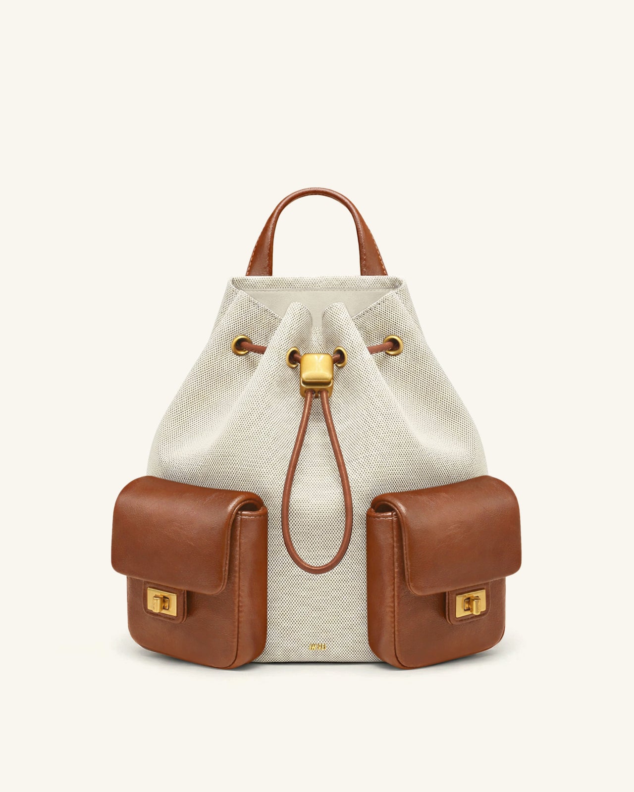 Avery Drawstring Utility Backpack – Ivory Brown Canvas