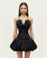 3D Floral Halter Mini Dress - Black