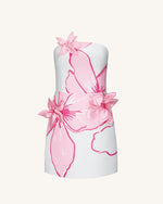 Mini Dress with Pink Floral Appliqués - White/Pink