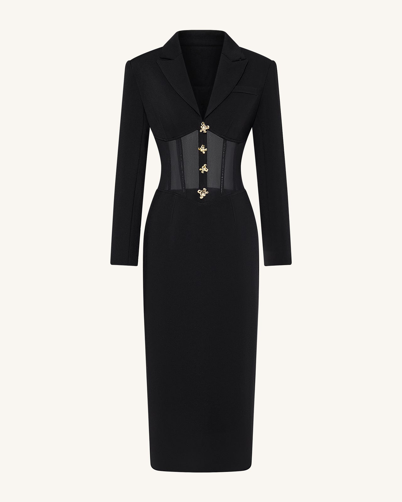 Sheer Boned Corset Waist Blazer Maxi Dress - Black