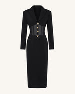 Sheer Boned Corset Waist Blazer Maxi Dress - Black