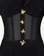 Sheer Boned Corset Waist Blazer Maxi Dress - Black