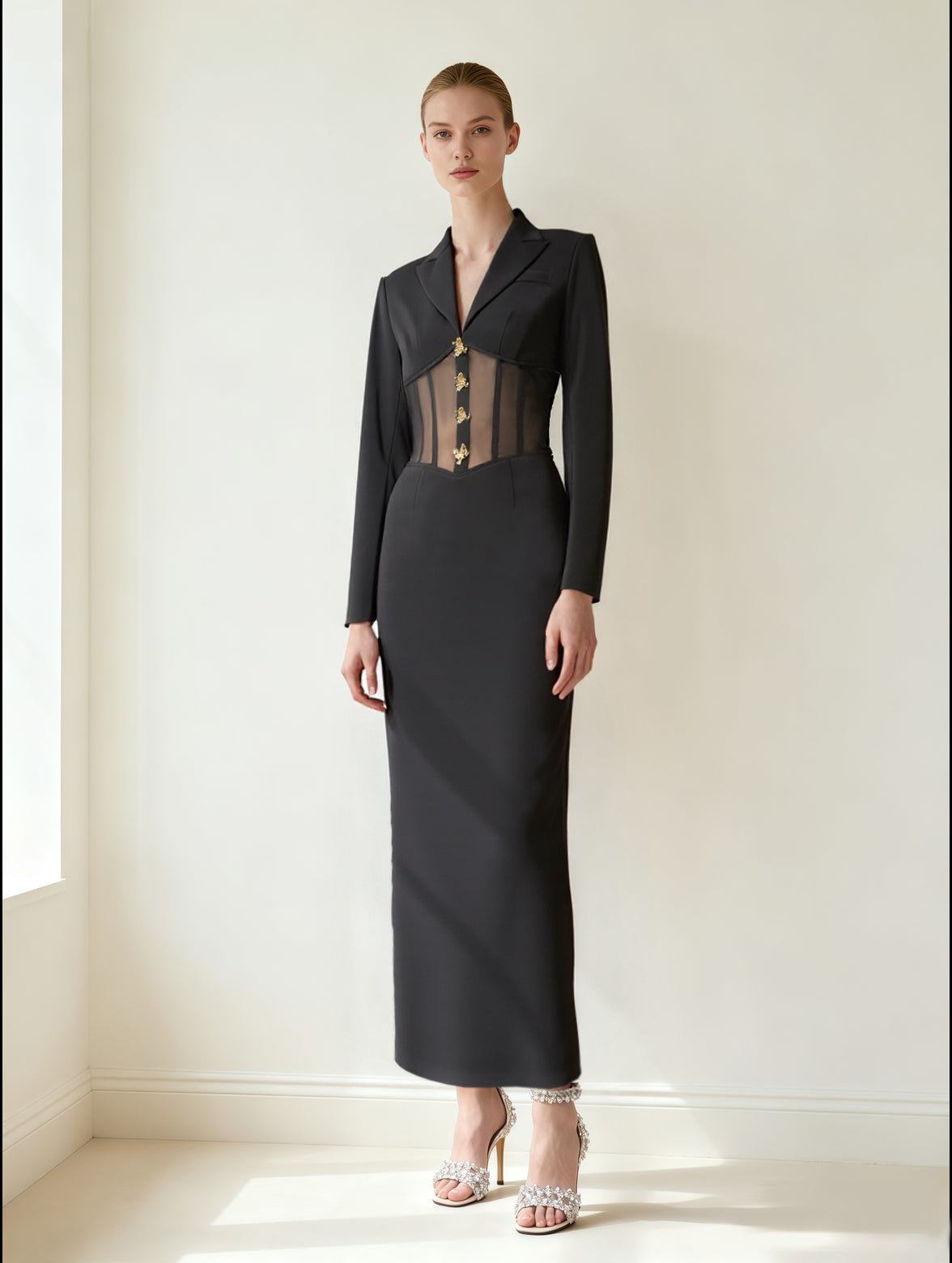 maxi blazer dress Sheer Boned Corset Waist Blazer Maxi Dress - Black