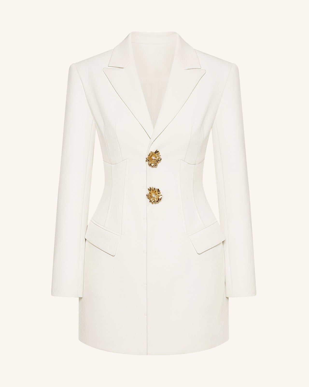 Gold Button Fitted Blazer Dress – White