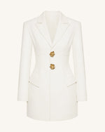 Gold Button Fitted Blazer Dress – White