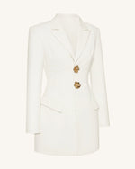 Gold Button Fitted Blazer Dress – White