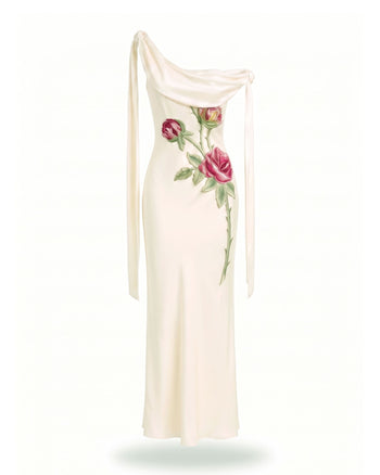 Rose Embroidered One-Shoulder Drape Gown - Pure White