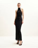 Uliana Black Floral Lace Halterneck Maxi Dress - Black