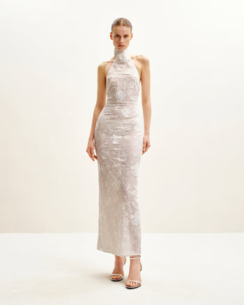 Uliana White Floral Lace Halterneck Maxi Dress - White