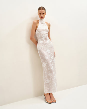 Uliana White Floral Lace Halterneck Maxi Dress - White